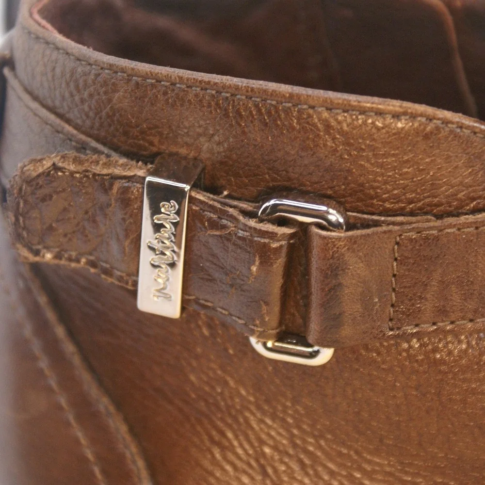 Nurture Hunter Brown Leather Ankle Boots‎ Buckle Zip Booties Womens 6.5M